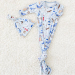 Cape Cod baby knot gown with matching hat and fold-over mittens