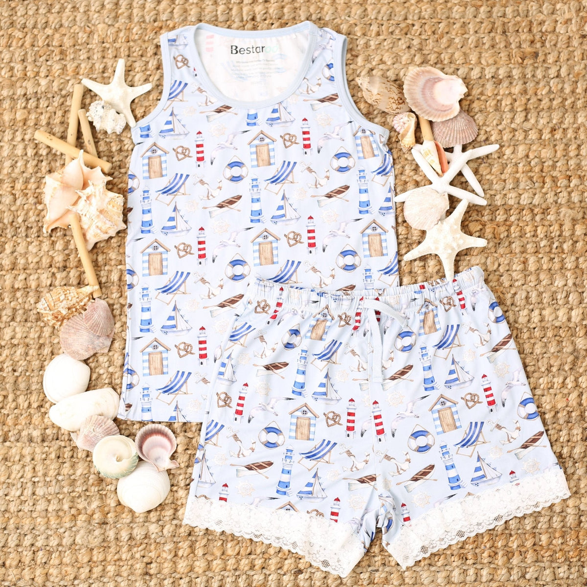 Women's Cape Cod tank top and matching lace-trimmed elastic-waist shorts loungewear set