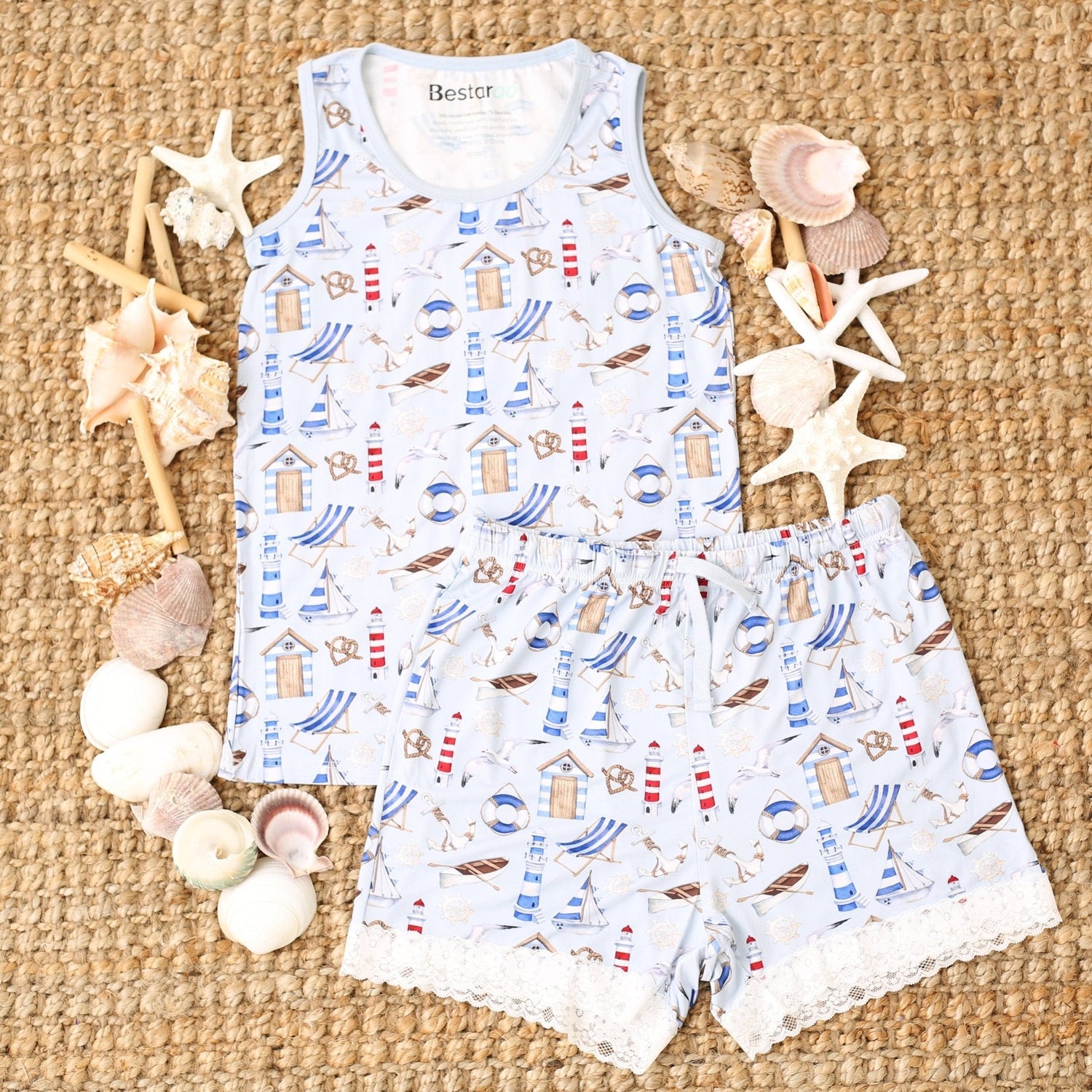 Women's Cape Cod tank top and matching lace-trimmed elastic-waist shorts loungewear set