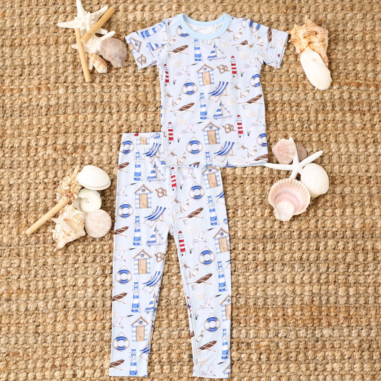 Cape Cod short sleeve pajama set with matching top and pants for babies and kids
