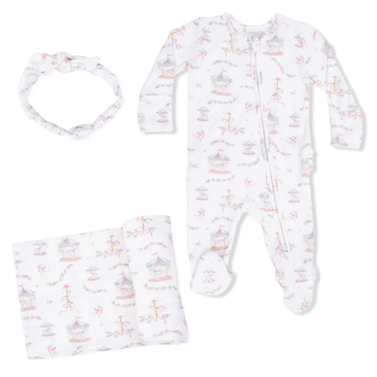 Angel Dear Carousel with Bows - 2 Way Ruffle Back Zipper Footie, Headband, & Swaddle Blanket Set - 