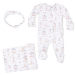 Angel Dear Carousel with Bows - 2 Way Ruffle Back Zipper Footie, Headband, & Swaddle Blanket Set - 