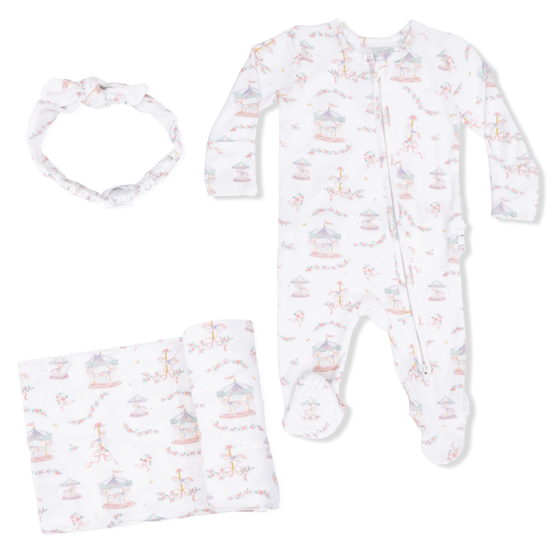 Angel Dear Carousel with Bows - 2 Way Ruffle Back Zipper Footie, Headband, & Swaddle Blanket Set - 