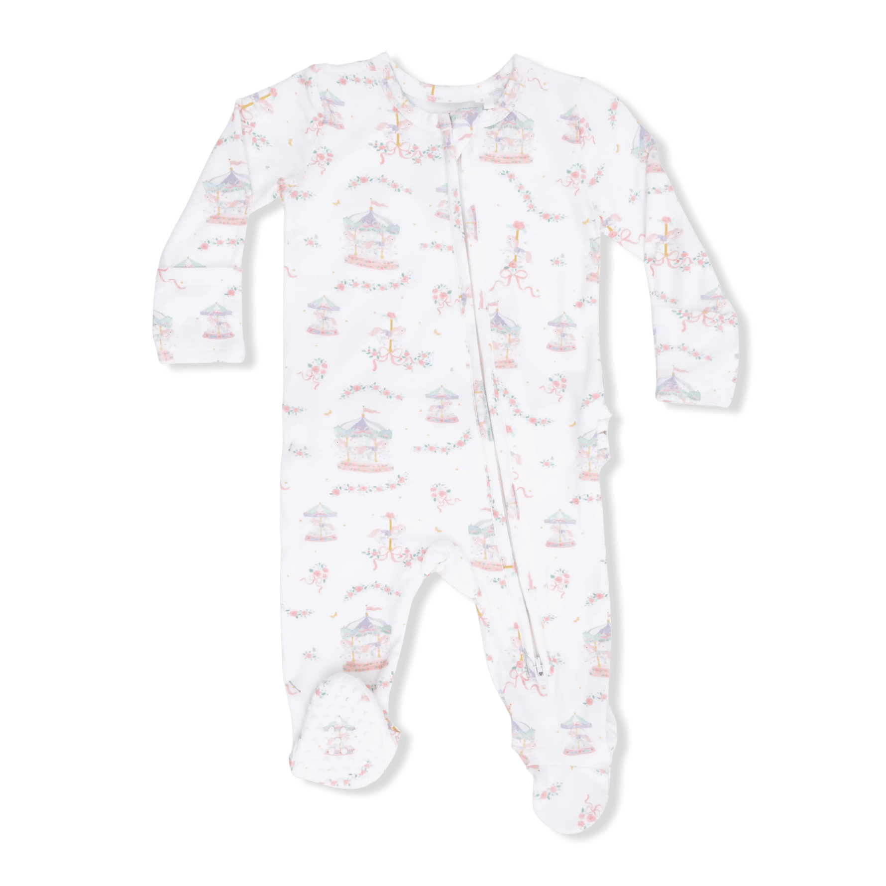 Angel Dear Carousel with Bows - 2 Way Ruffle Back Zipper Footie, Headband, & Swaddle Blanket Set - 