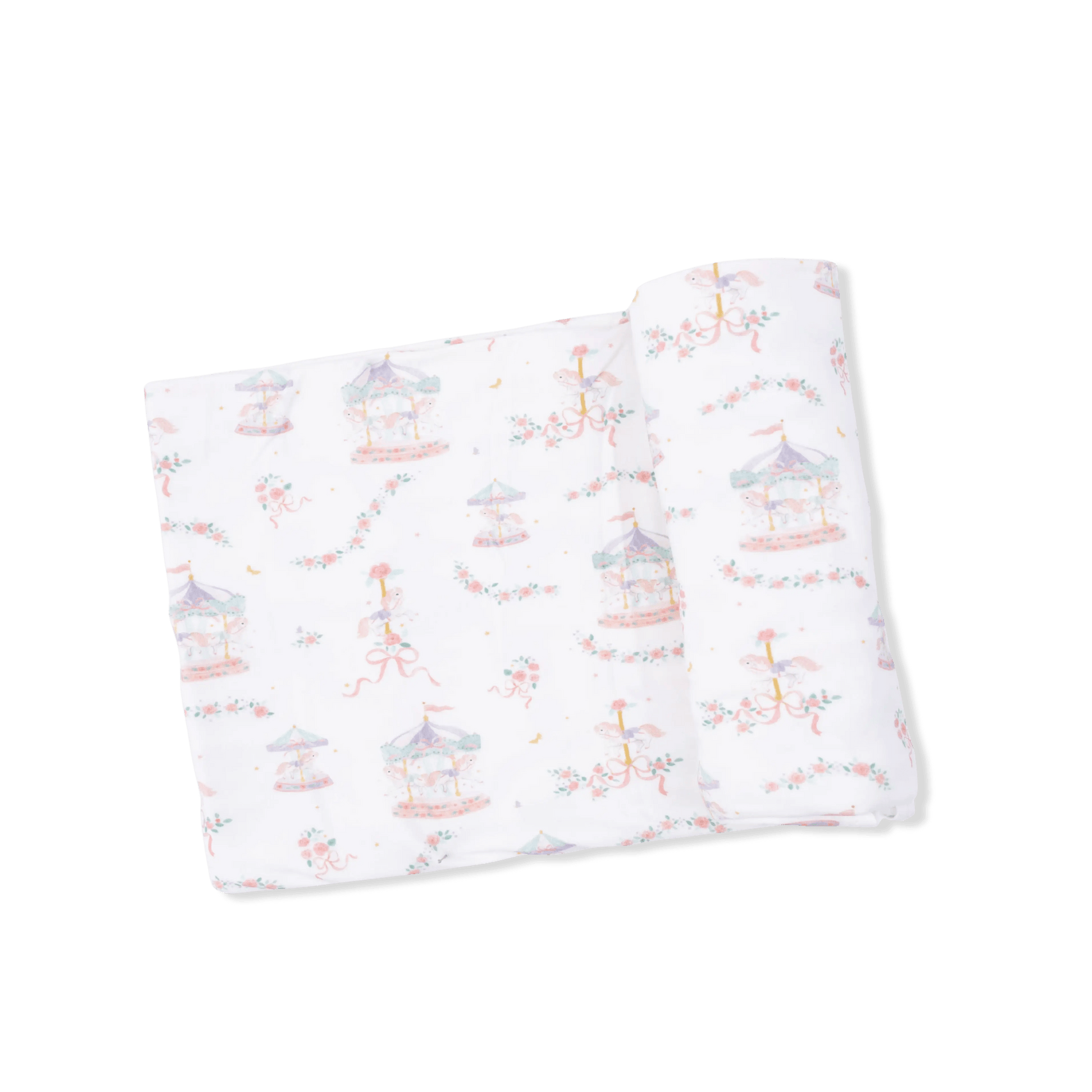 Angel Dear Carousel with Bows - 2 Way Ruffle Back Zipper Footie, Headband, & Swaddle Blanket Set - 