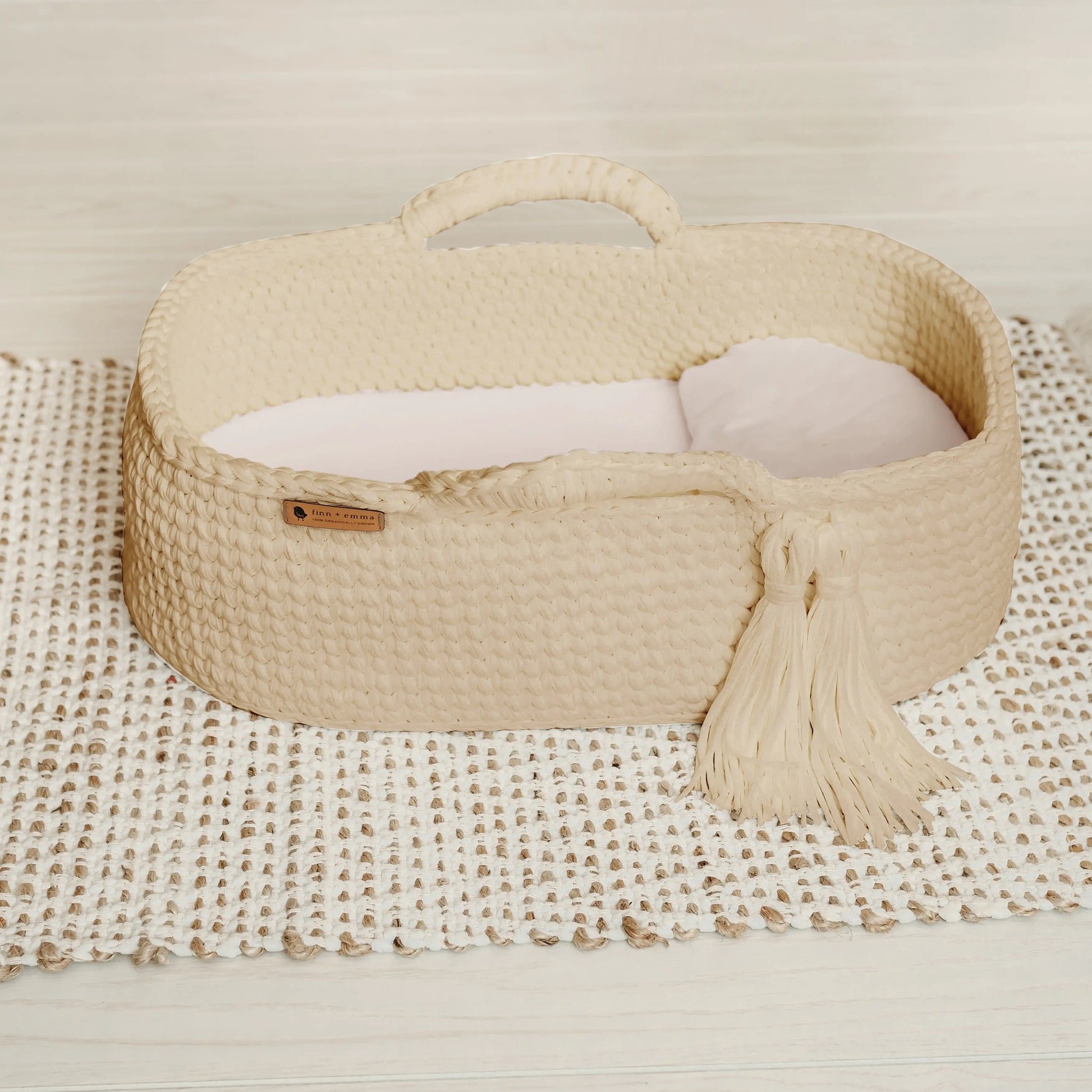 Carry Cot Wheat Modern Organic Cotton Crocheted Knit Baby Bassinet Finn + Emma
