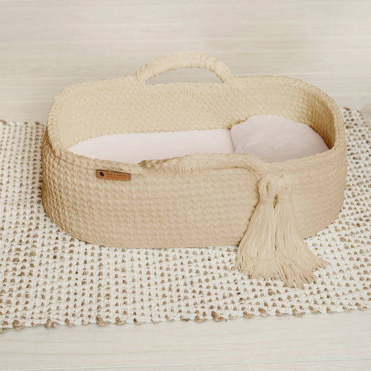 Carry Cot Wheat Modern Organic Cotton Crocheted Knit Baby Bassinet Finn + Emma