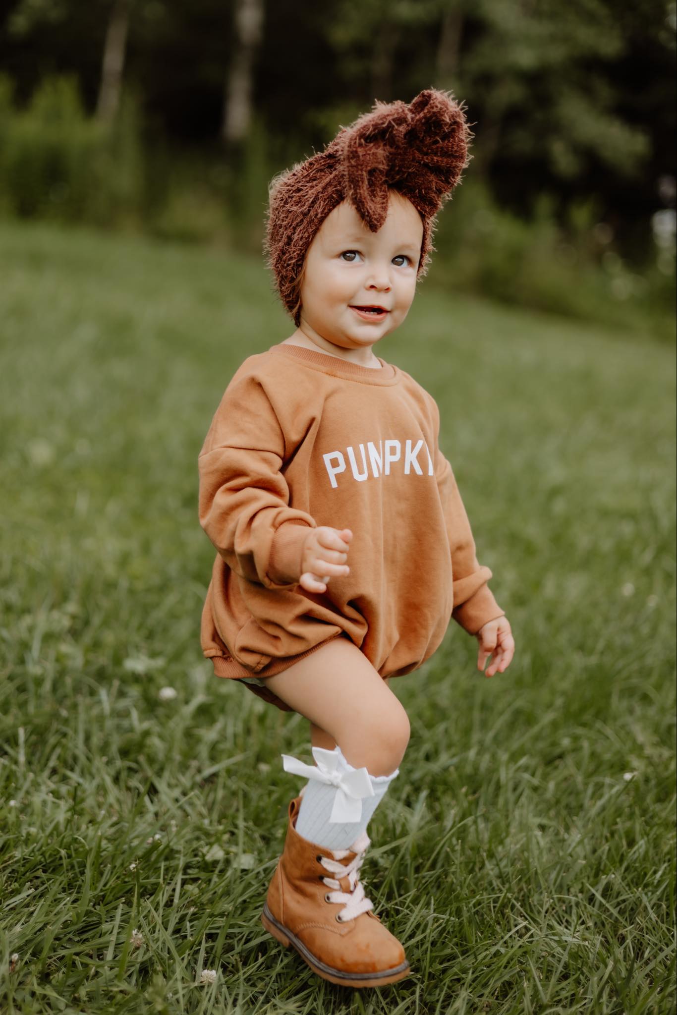 Pumpkin graphic oversized sweatshirt romper in cream and orange French terry fabric