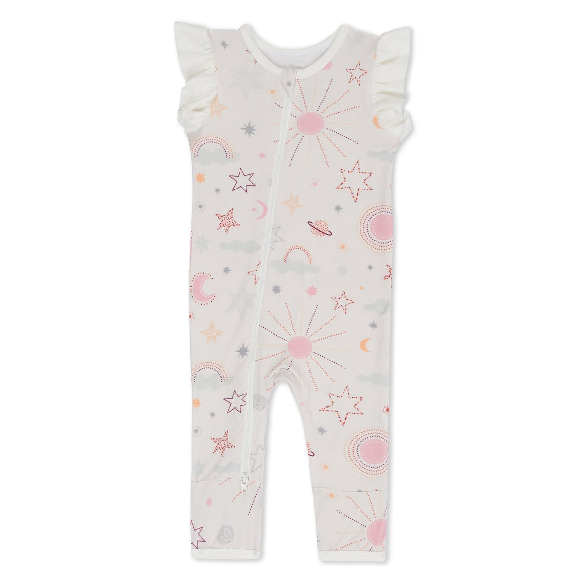 Short sleeve baby romper in a celestial print with flutter sleeves and a front zipper