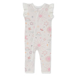 Short sleeve baby romper in a celestial print with flutter sleeves and a front zipper