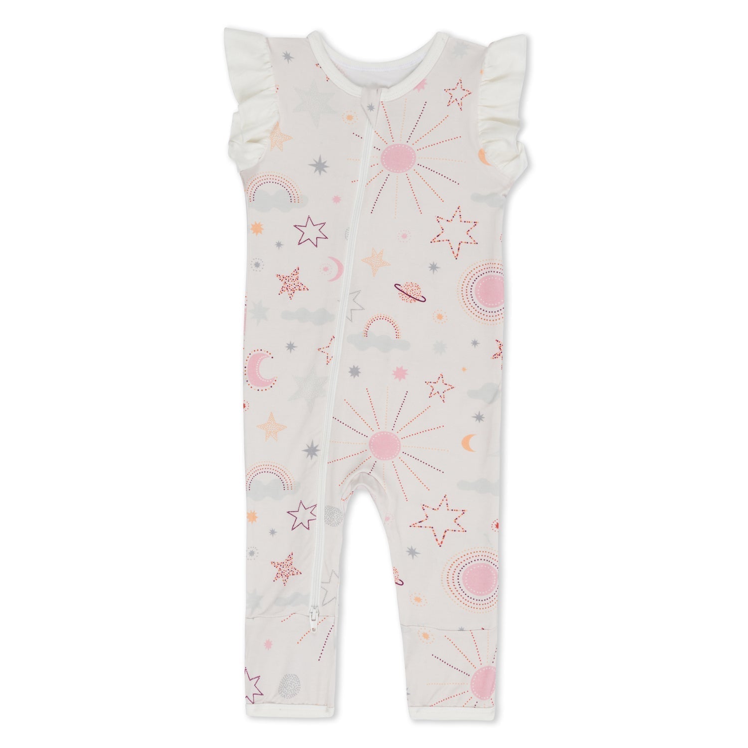 Short sleeve baby romper in a celestial print with flutter sleeves and a front zipper