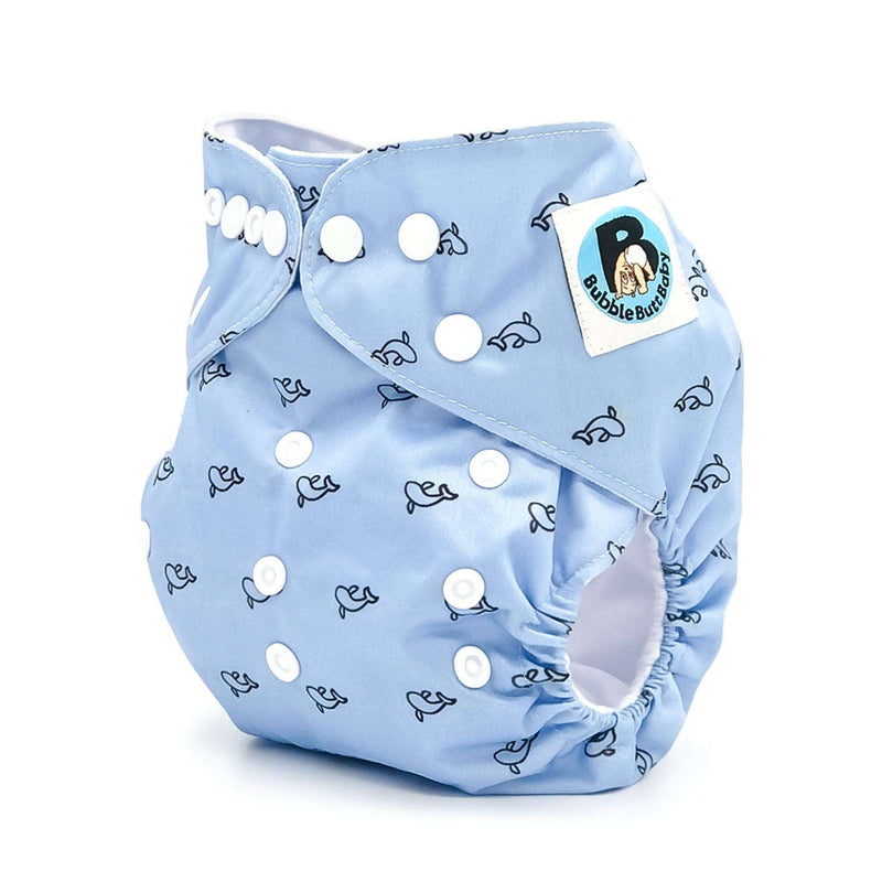 Cetacea Cloth Diapers with custom print in blue, adjustable snaps, and waterproof outer layer.