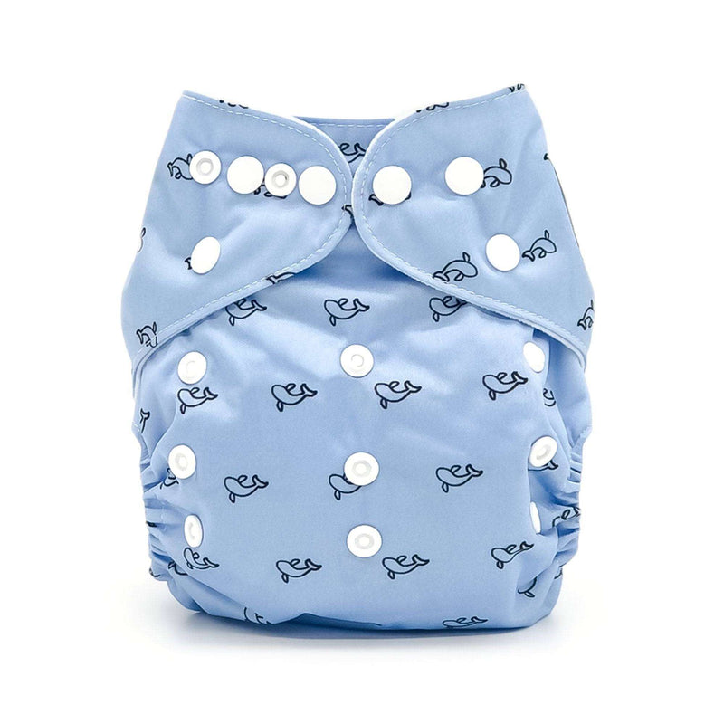 Blue "Cetacea" cloth diapers with custom print, waterproof outer layer, and adjustable snaps for 8-35 lbs.