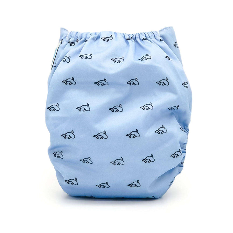 "Cetacea" cloth diaper with custom print and adjustable snaps.