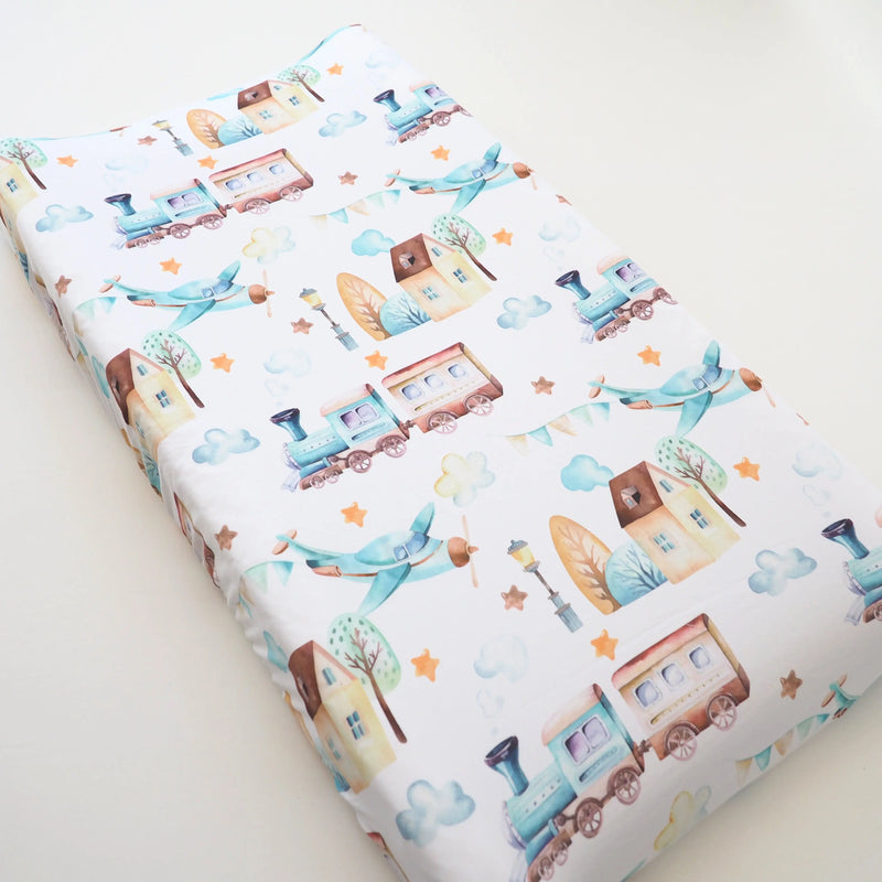 Changing Pad Cover Airplane Train Design Soft Fabric Nursery Decor.