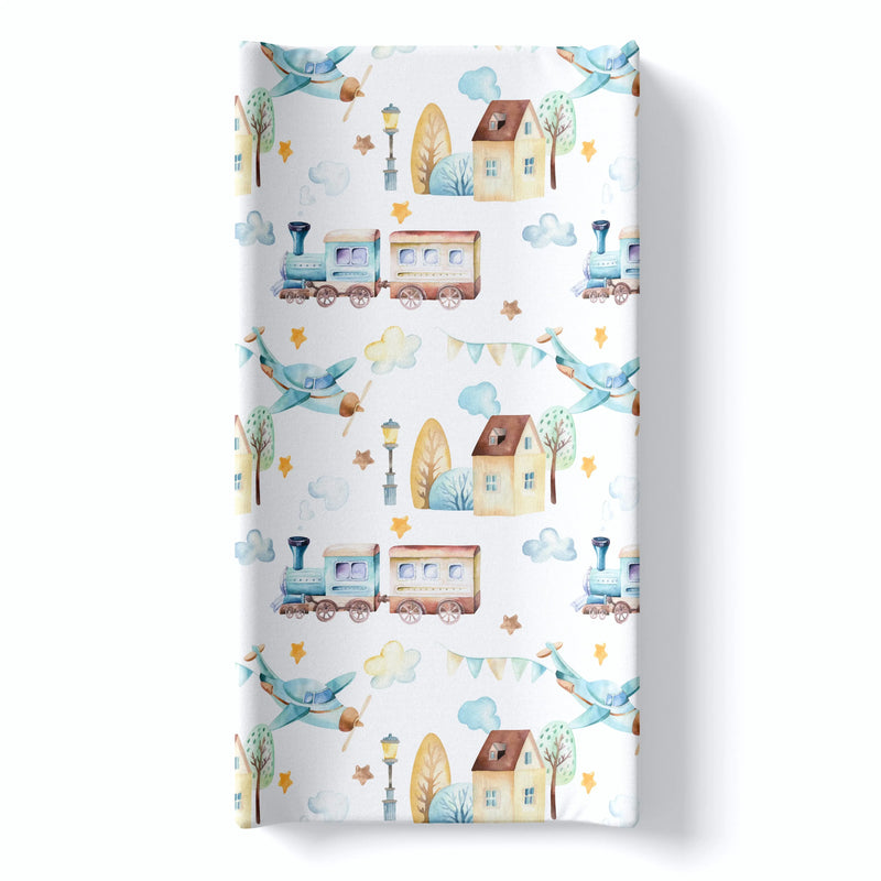 Changing Pad Cover Airplane Train Design Soft Fabric Nursery Decor.