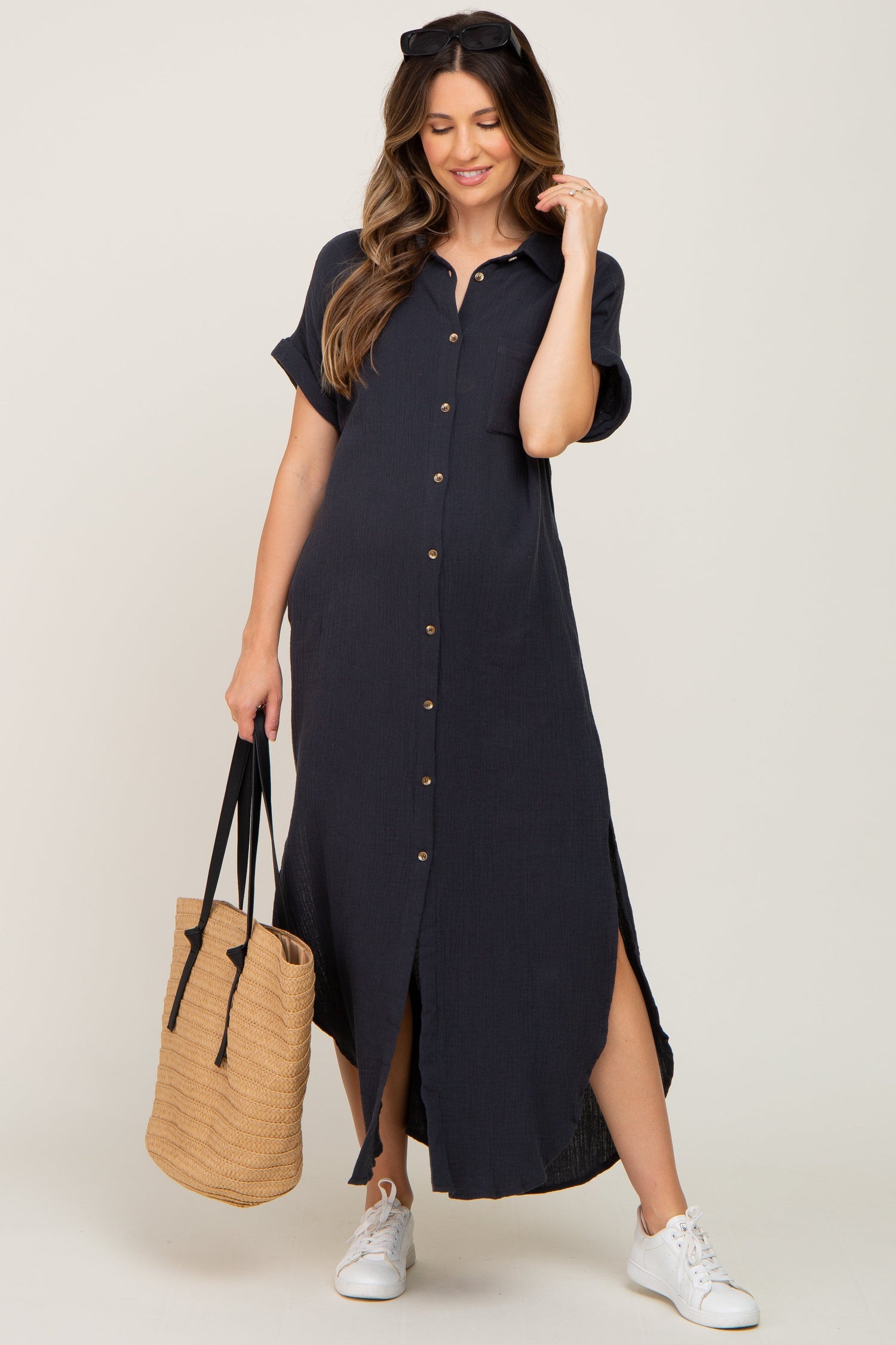 PinkBlush Charcoal Button Down Maternity Midi DressEveretts Place