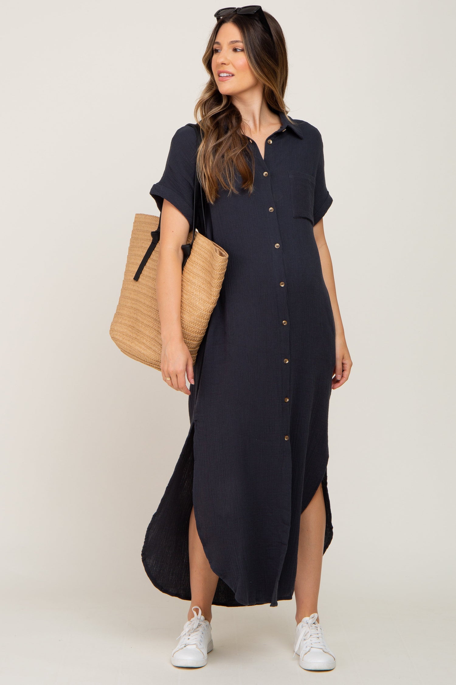 PinkBlush Charcoal Button Down Maternity Midi DressEveretts Place