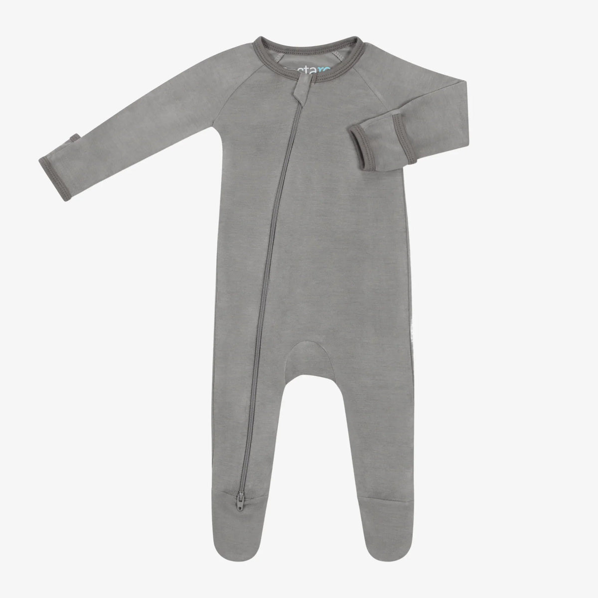 Charcoal gray baby footie with covered feet, long sleeves, and a full-length front zipper