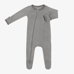 Charcoal gray baby footie with covered feet, long sleeves, and a full-length front zipper