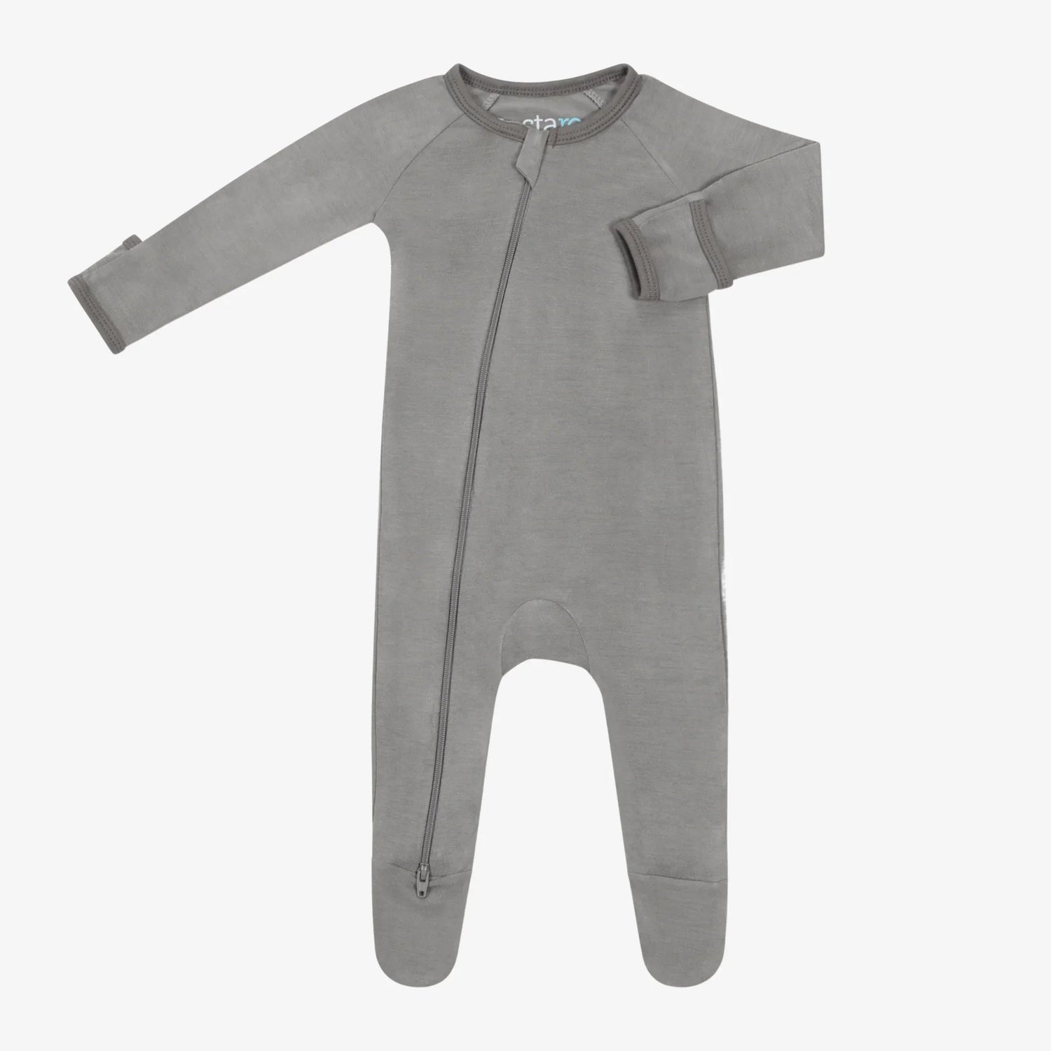 Charcoal gray baby footie with covered feet, long sleeves, and a full-length front zipper
