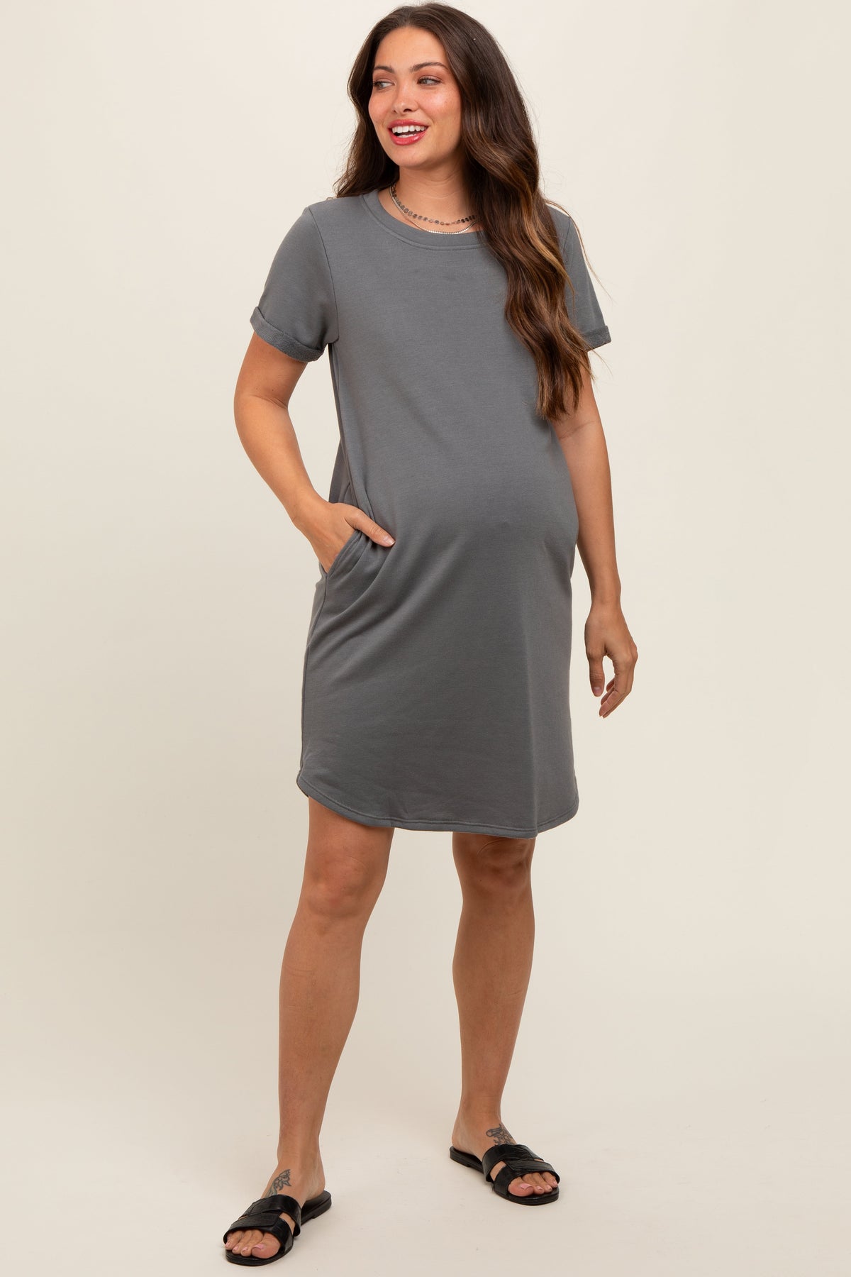 PinkBlush Charcoal French Terry Cuffed Short Sleeve Maternity DressEveretts Place