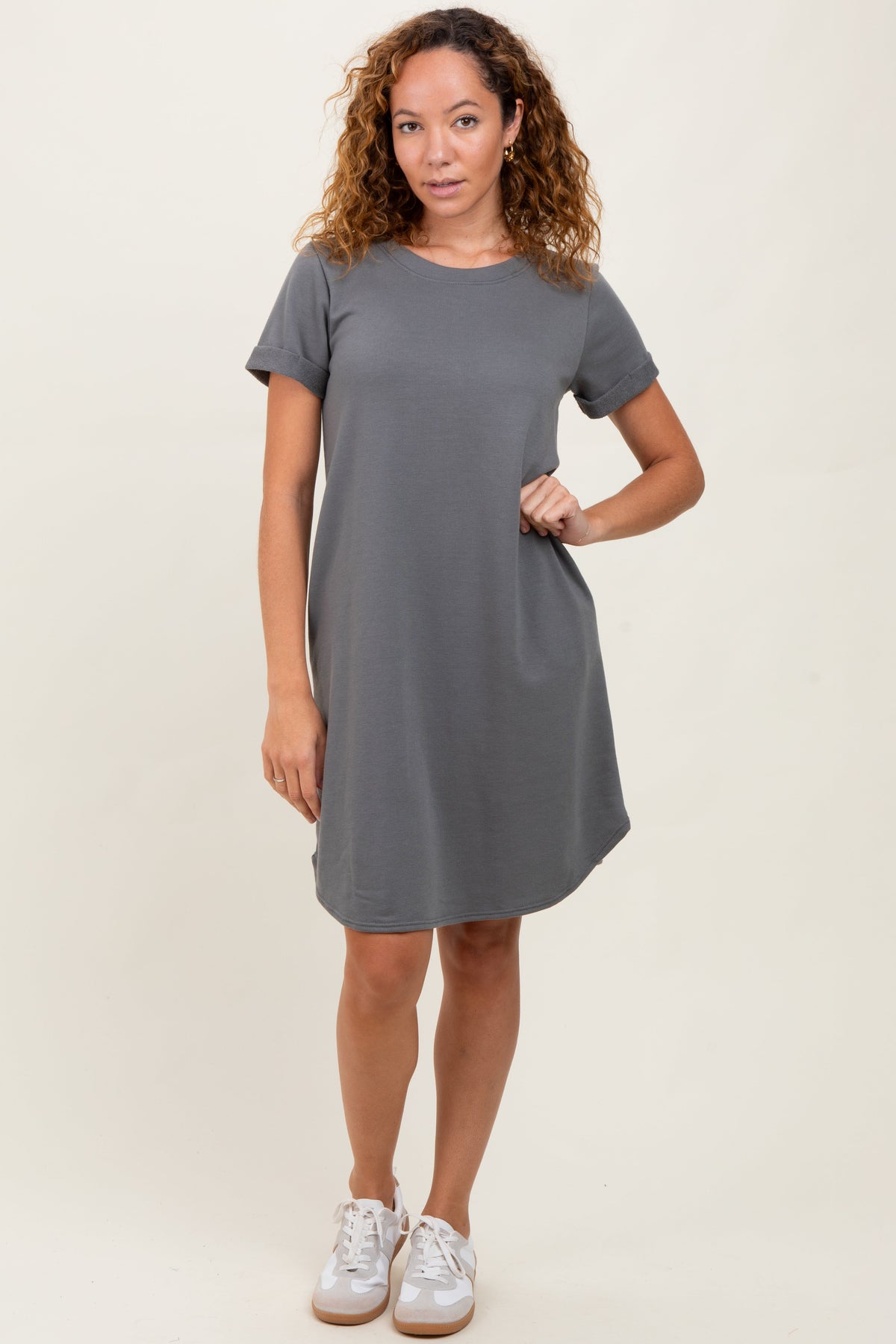 PinkBlush Charcoal French Terry Cuffed Short Sleeve Maternity DressEveretts Place