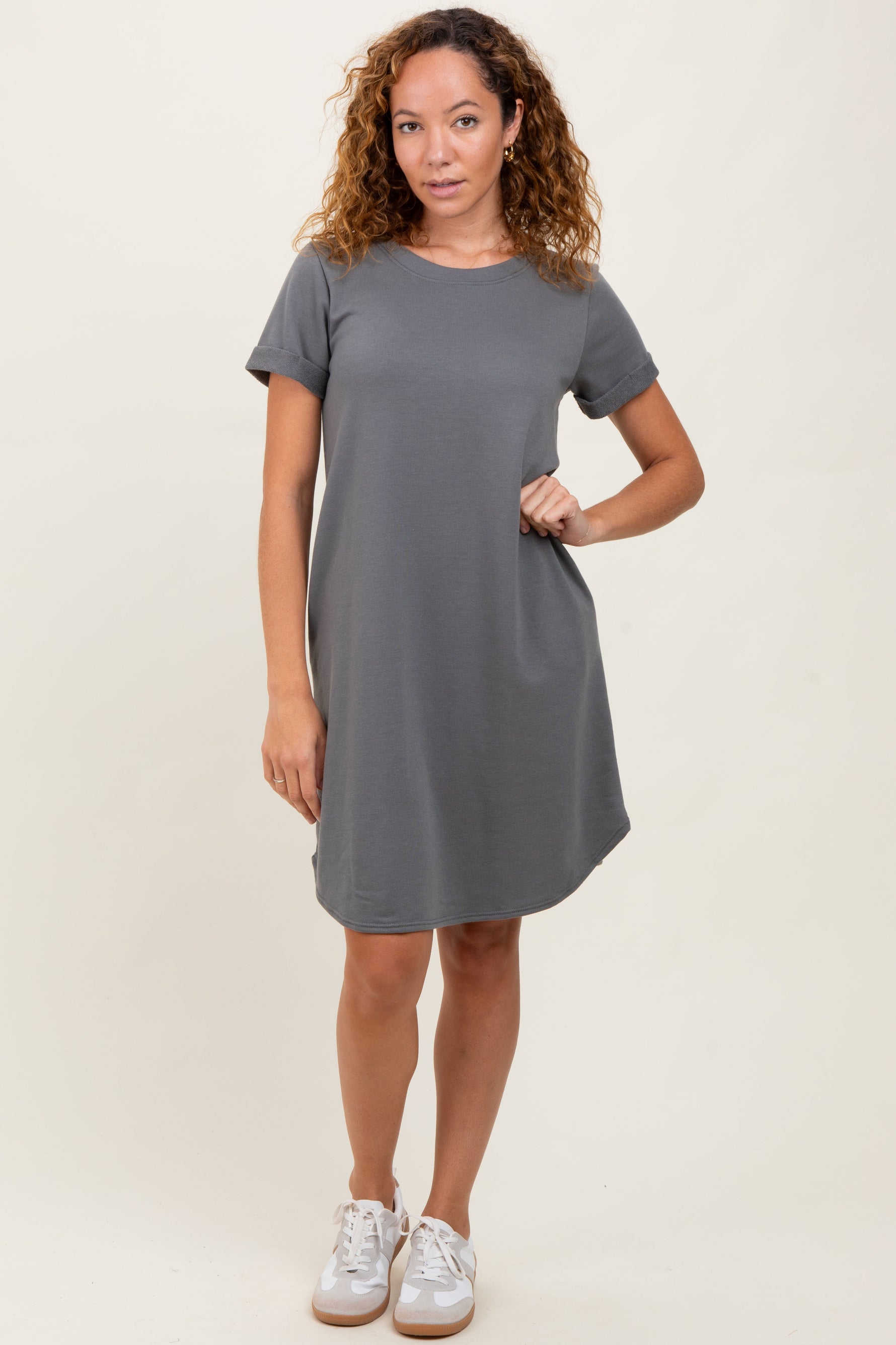 PinkBlush Charcoal French Terry Cuffed Short Sleeve Maternity DressEveretts Place