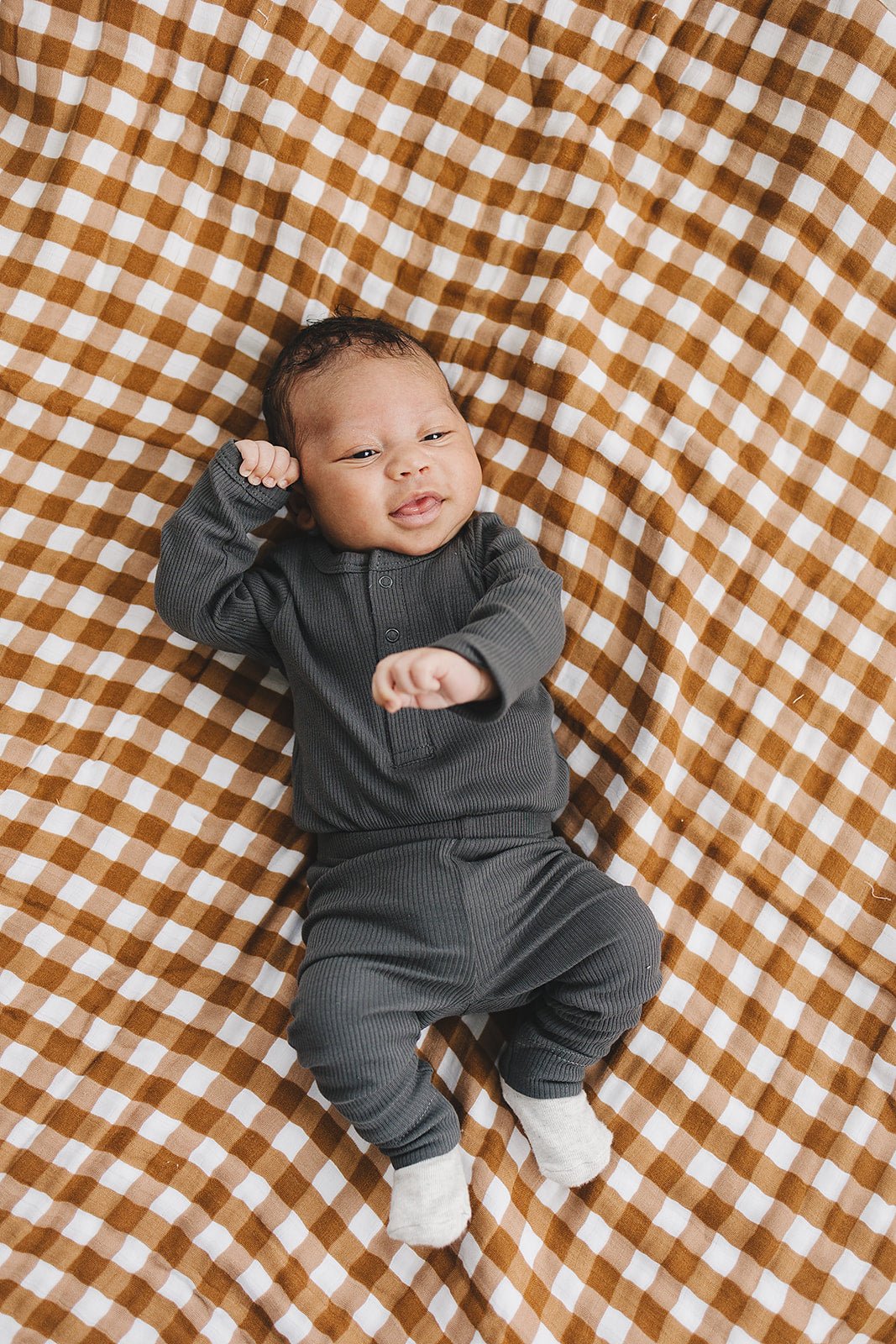 Mebie Baby Charcoal Organic Cotton Snap Long Sleeve Ribbed Bodysuit - 