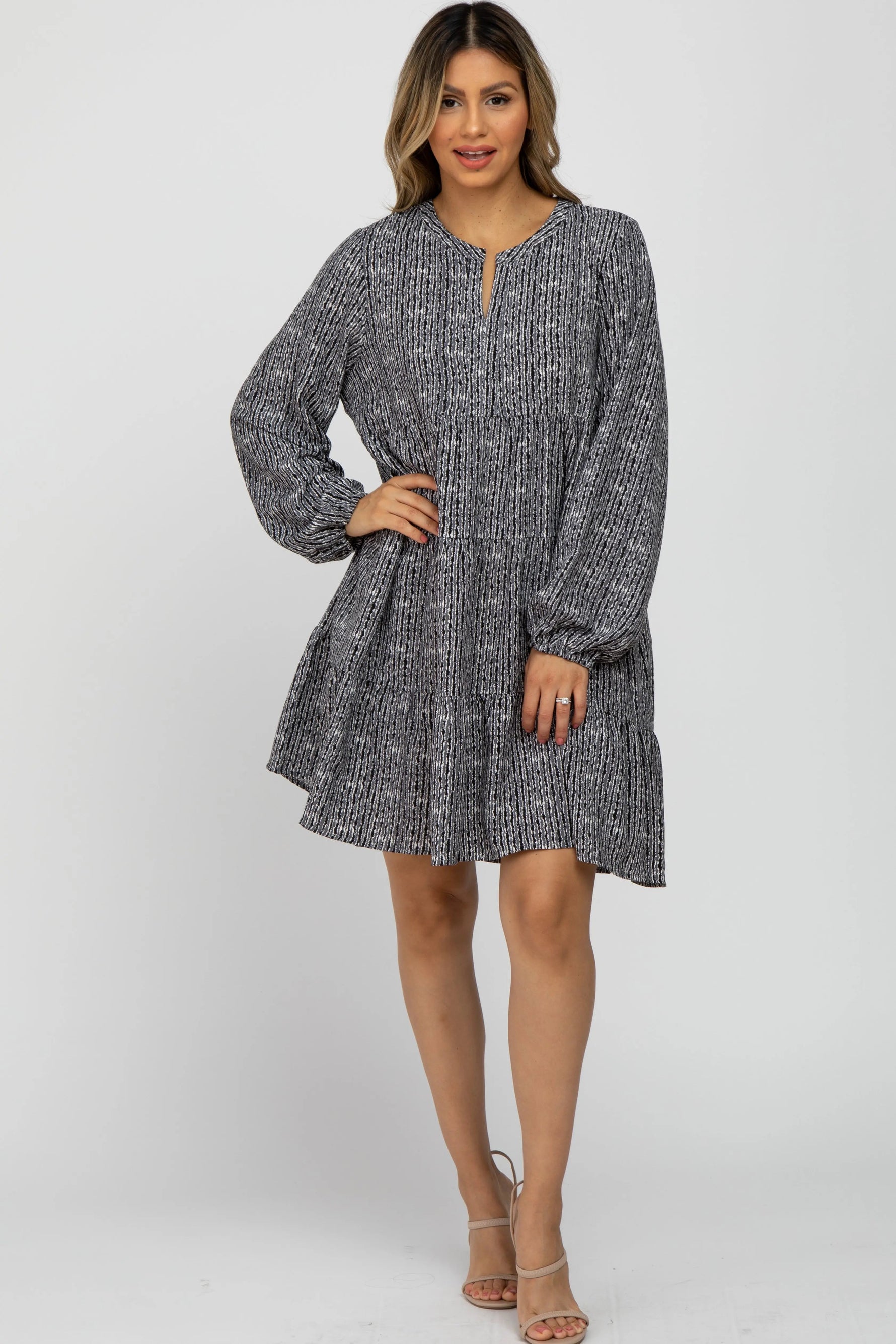 Charcoal Printed Tiered Dress - Day Dress, Dress, Person, Sandal, High heels | Everetts Place