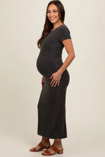 PinkBlush Charcoal Rib Knit Maternity Dress with Back Slit for Modern Moms - 