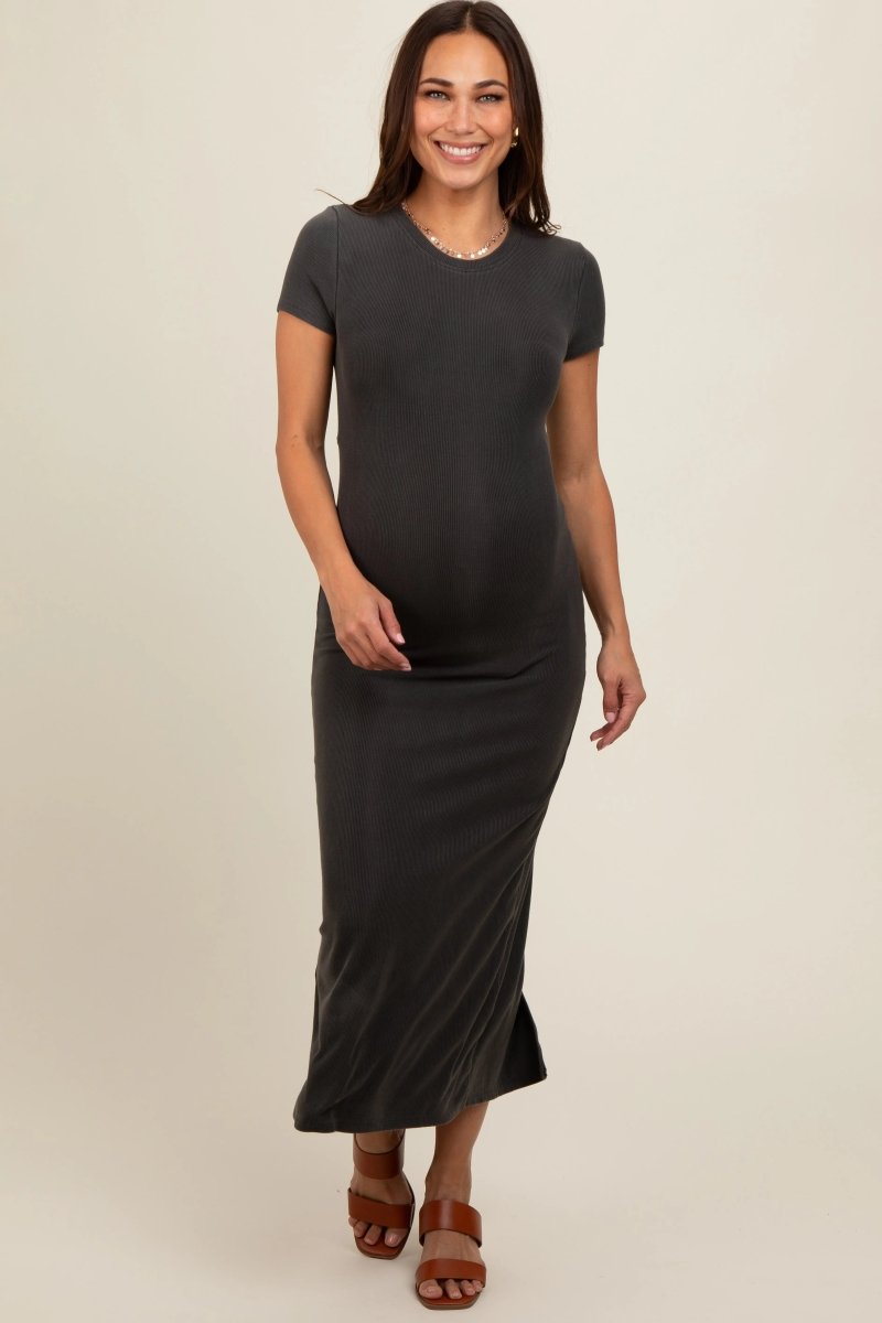 PinkBlush Charcoal Rib Knit Maternity Dress with Back Slit for Modern Moms - 