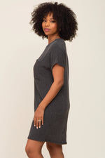 PinkBlush Charcoal Ribbed Front Pocket Dolman Short Sleeve Dress - 