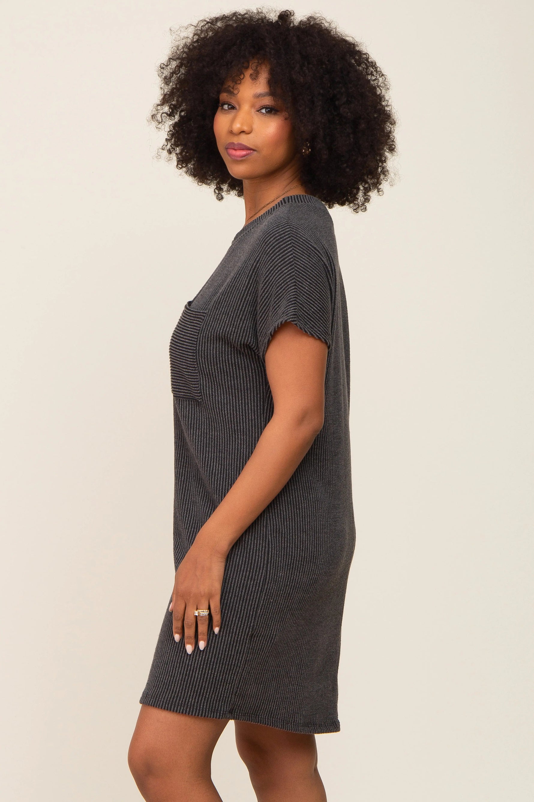 PinkBlush Charcoal Ribbed Front Pocket Dolman Short Sleeve Dress - 