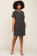 PinkBlush Charcoal Ribbed Front Pocket Dolman Short Sleeve Dress - 
