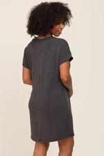 PinkBlush Charcoal Ribbed Front Pocket Dolman Short Sleeve Dress - 
