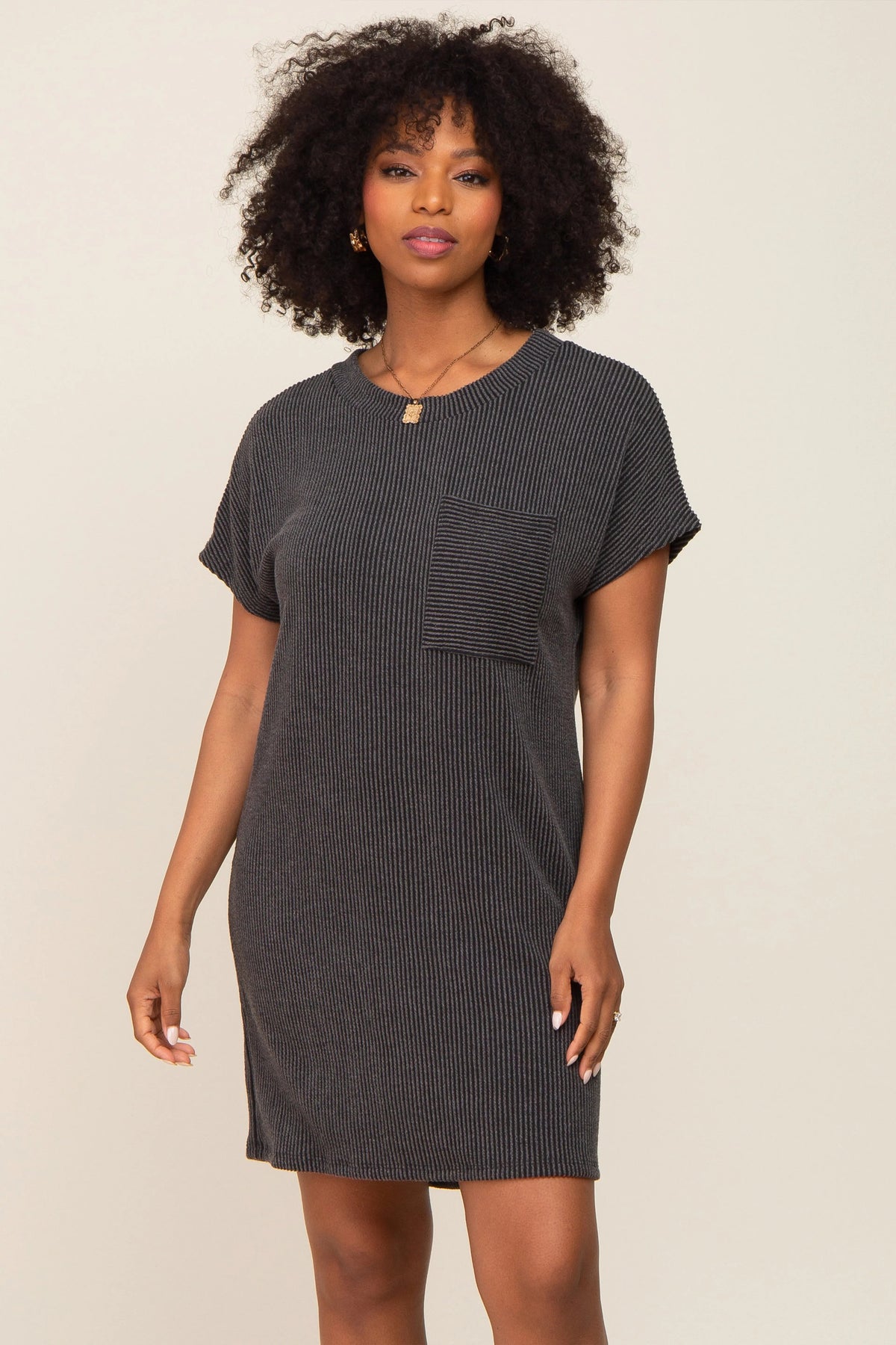 Charcoal Ribbed Front Pocket Dolman Short Sleeve Dress - Sleeve, Fashion, Textile, One-piece garment, Waist | Everetts Place