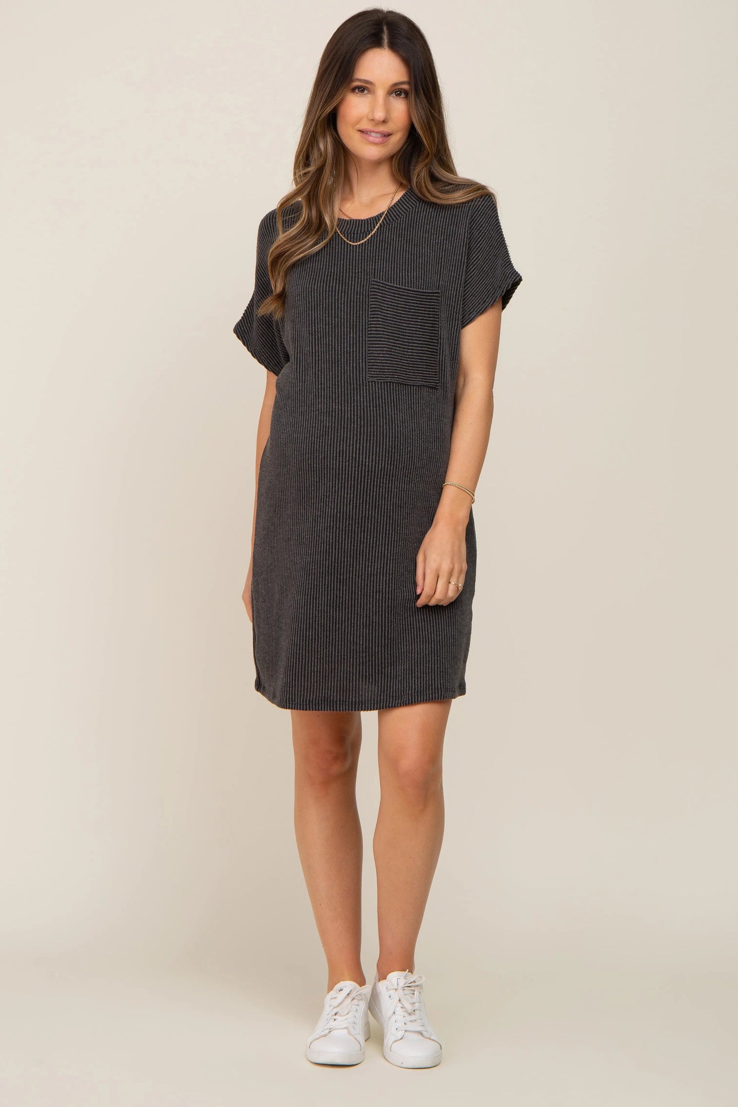 PinkBlush Charcoal Ribbed Front Pocket Dolman Short Sleeve Maternity Dress - 