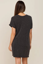 PinkBlush Charcoal Ribbed Front Pocket Dolman Short Sleeve Maternity Dress - 