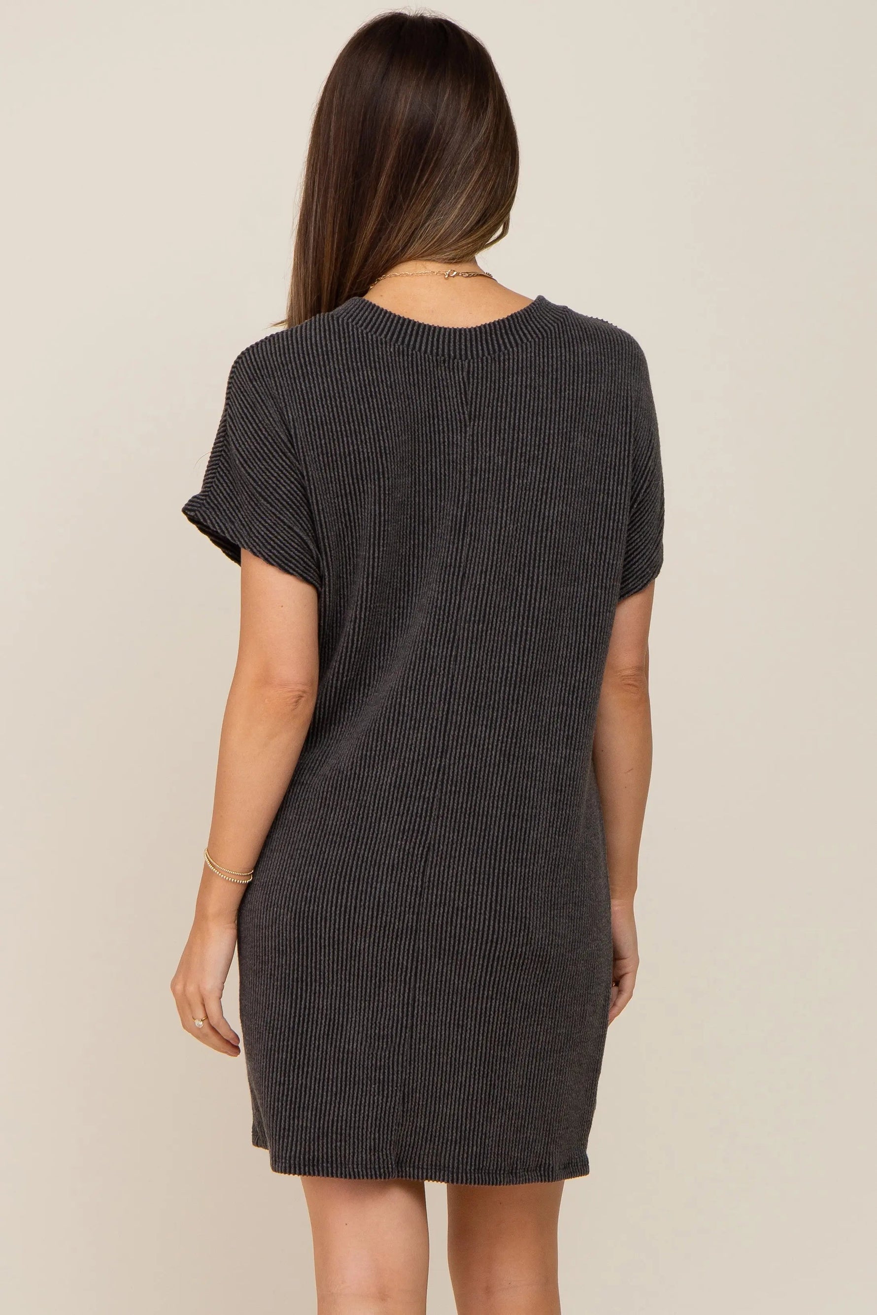 PinkBlush Charcoal Ribbed Front Pocket Dolman Short Sleeve Maternity Dress - 