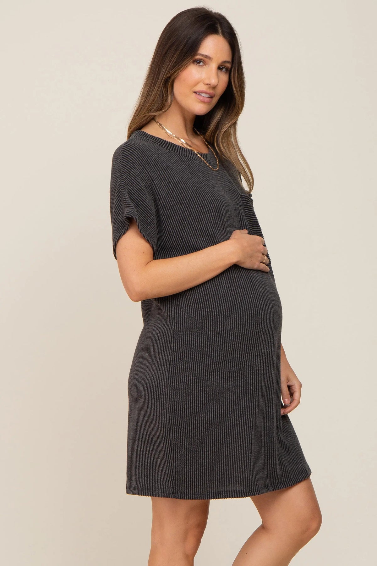 PinkBlush Charcoal Ribbed Front Pocket Dolman Short Sleeve Maternity Dress - 