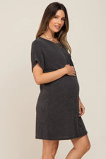 PinkBlush Charcoal Ribbed Front Pocket Dolman Short Sleeve Maternity Dress - 