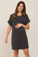 PinkBlush Charcoal Ribbed Front Pocket Dolman Short Sleeve Maternity Dress - 
