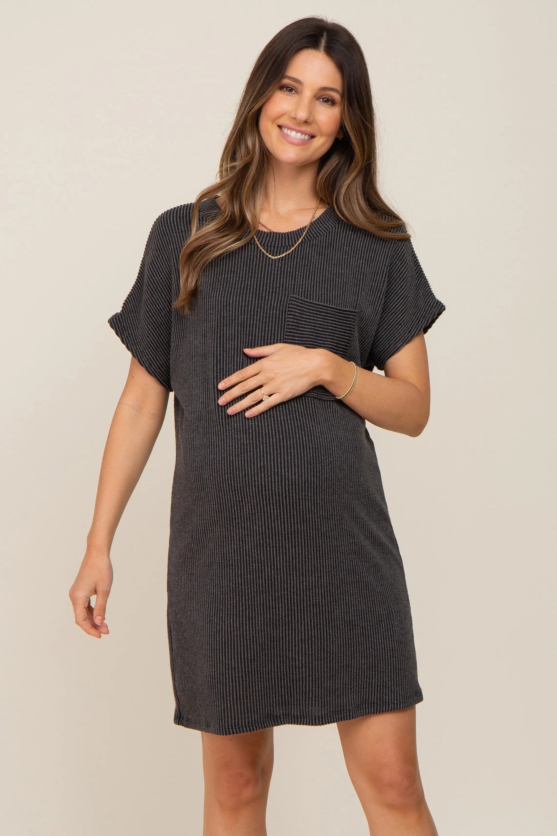 PinkBlush Charcoal Ribbed Front Pocket Dolman Short Sleeve Maternity Dress - 