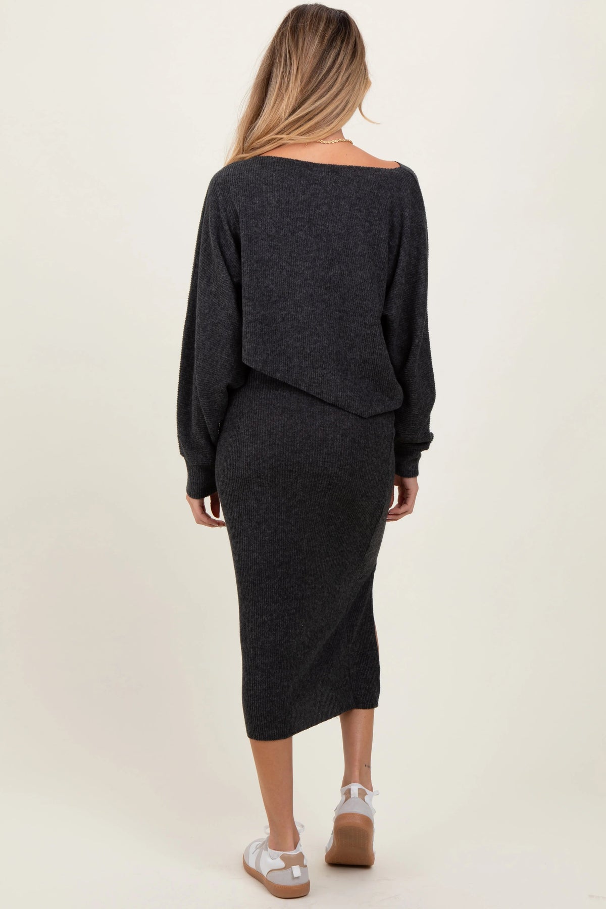 PinkBlush Charcoal Ribbed Knit Asymmetric Top Midi Skirt Maternity Set - 