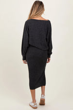 PinkBlush Charcoal Ribbed Knit Asymmetric Top Midi Skirt Maternity Set - 