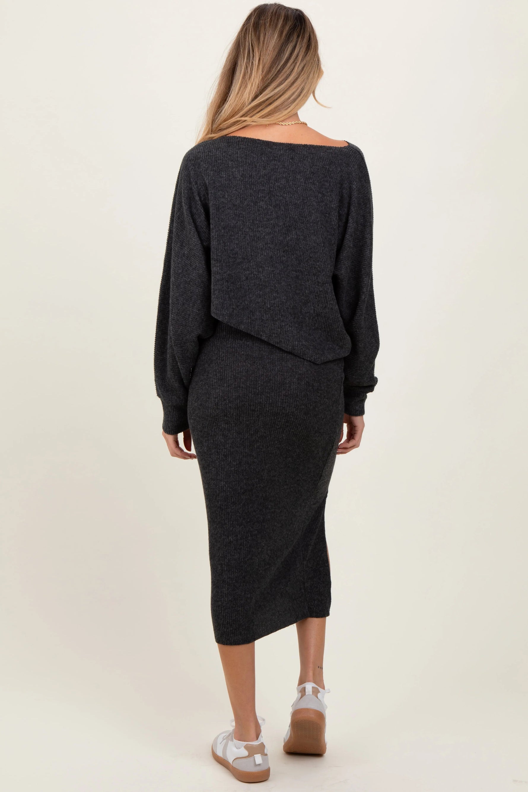 PinkBlush Charcoal Ribbed Knit Asymmetric Top Midi Skirt Maternity Set - 