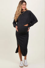 PinkBlush Charcoal Ribbed Knit Asymmetric Top Midi Skirt Maternity Set - 