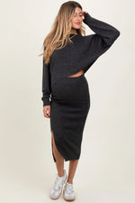 PinkBlush Charcoal Ribbed Knit Asymmetric Top Midi Skirt Maternity Set - 
