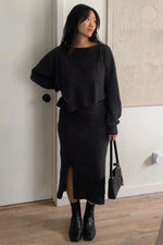 PinkBlush Charcoal Ribbed Knit Asymmetric Top Midi Skirt Set - 